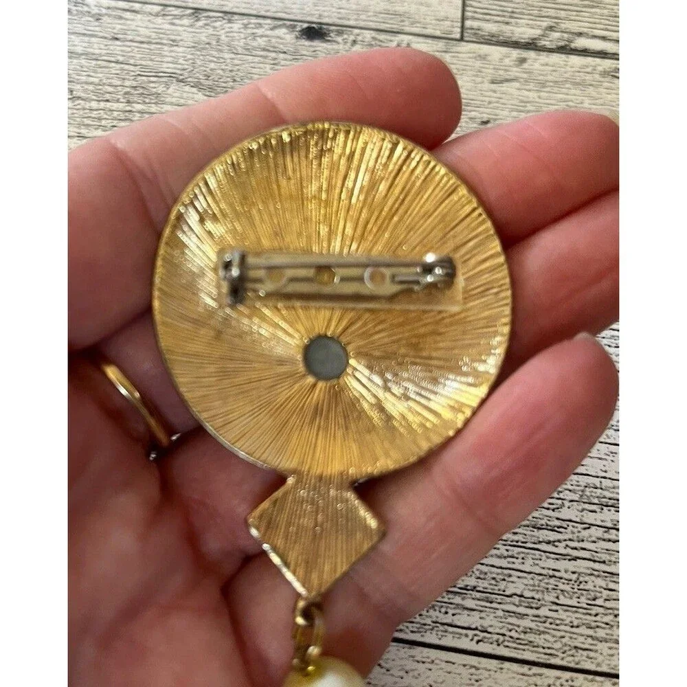 Flower Floral Dangle Drop Brooch Pin Gold Tone Faux Pearl Rhinestone 4.5